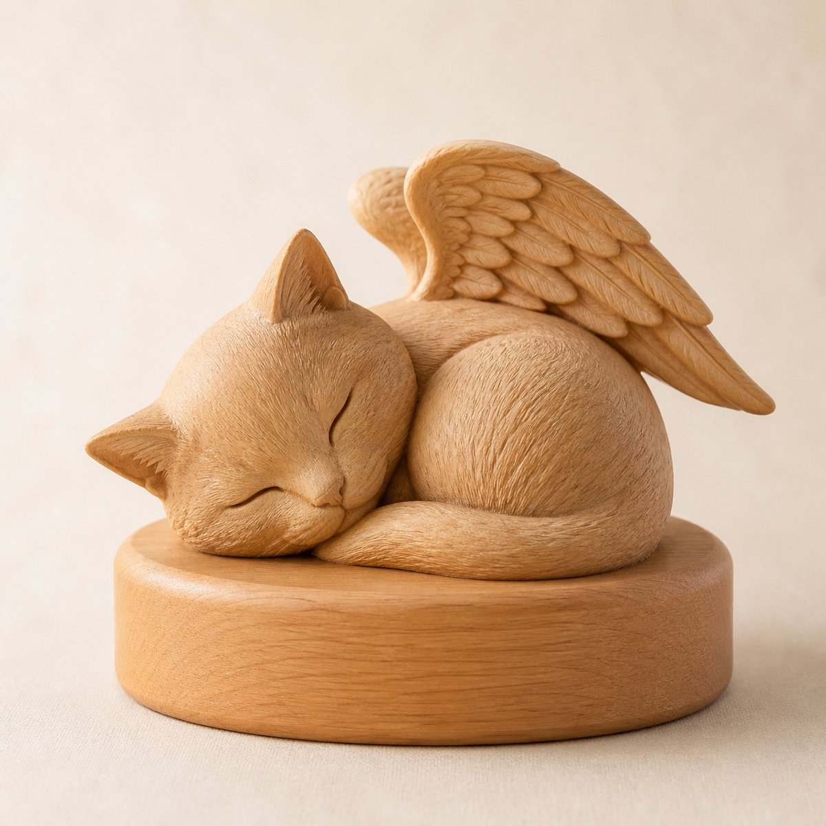 Wooden memorial figure of a sleeping cat with carved angel wings on a blank wooden base