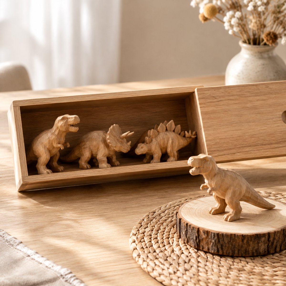 Carved wooden dinosaur set — T-rex, triceratops and stegosaurus — in a wooden storage box