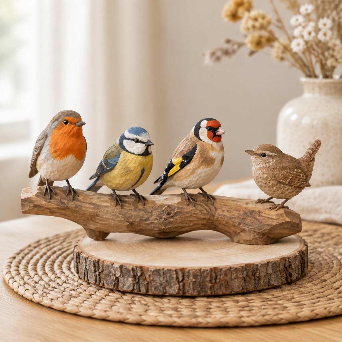 Four hand-carved wooden garden songbirds — robin, blue tit, goldfinch and wren — on a wooden branch