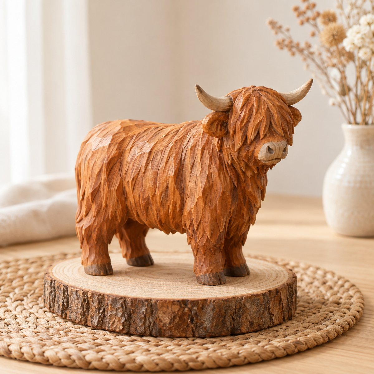 Hand-carved wooden highland cow figurine with a textured carved coat on a wood slice