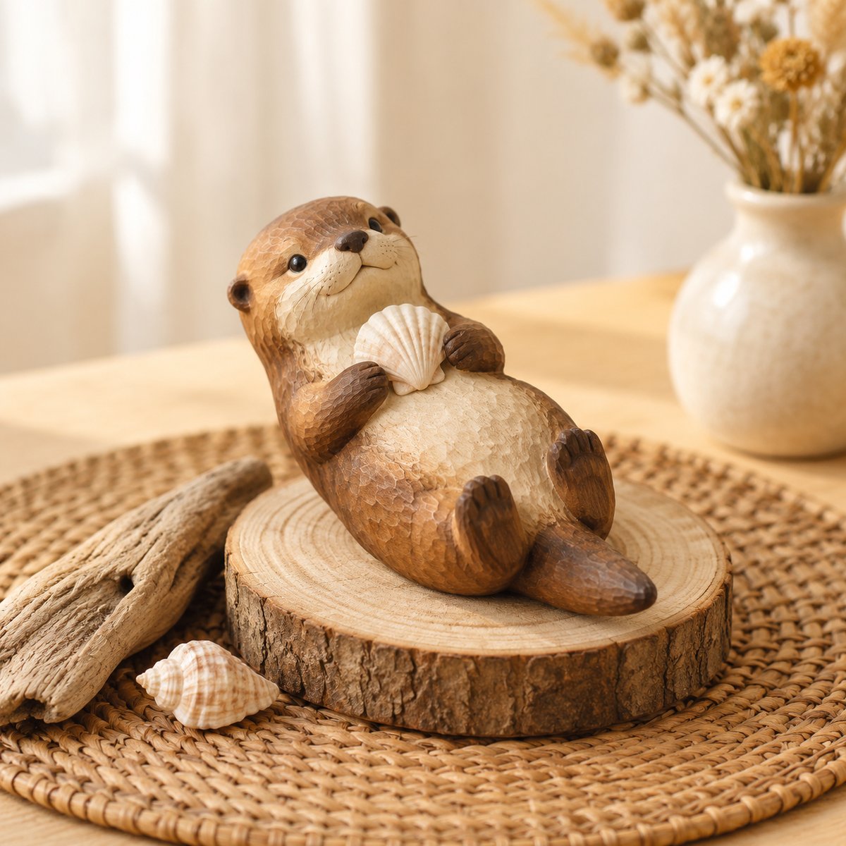Wooden otter figurine lying on its back holding a scallop shell