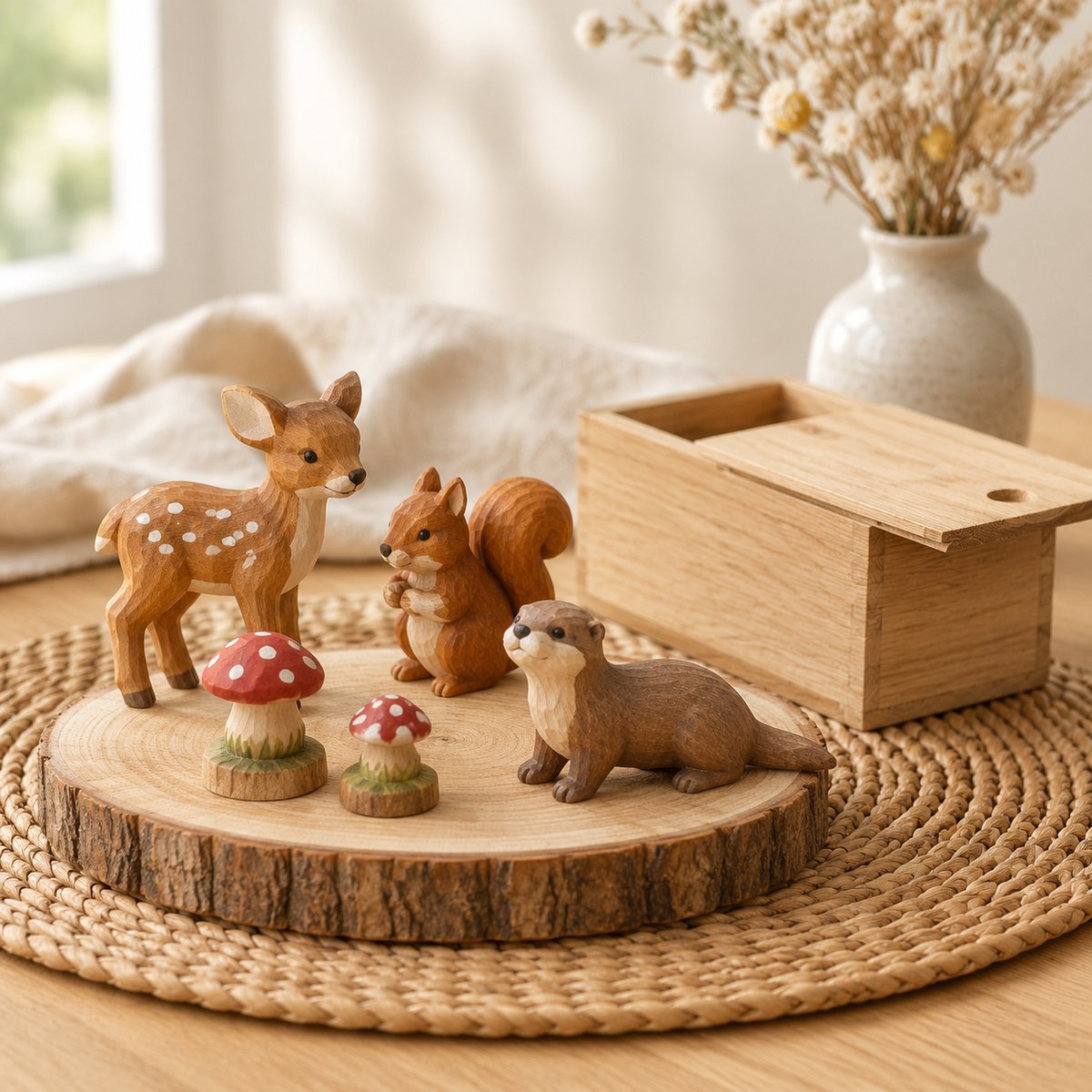 Tiny wooden woodland set with a fawn, squirrel, otter and toadstools beside a wooden box