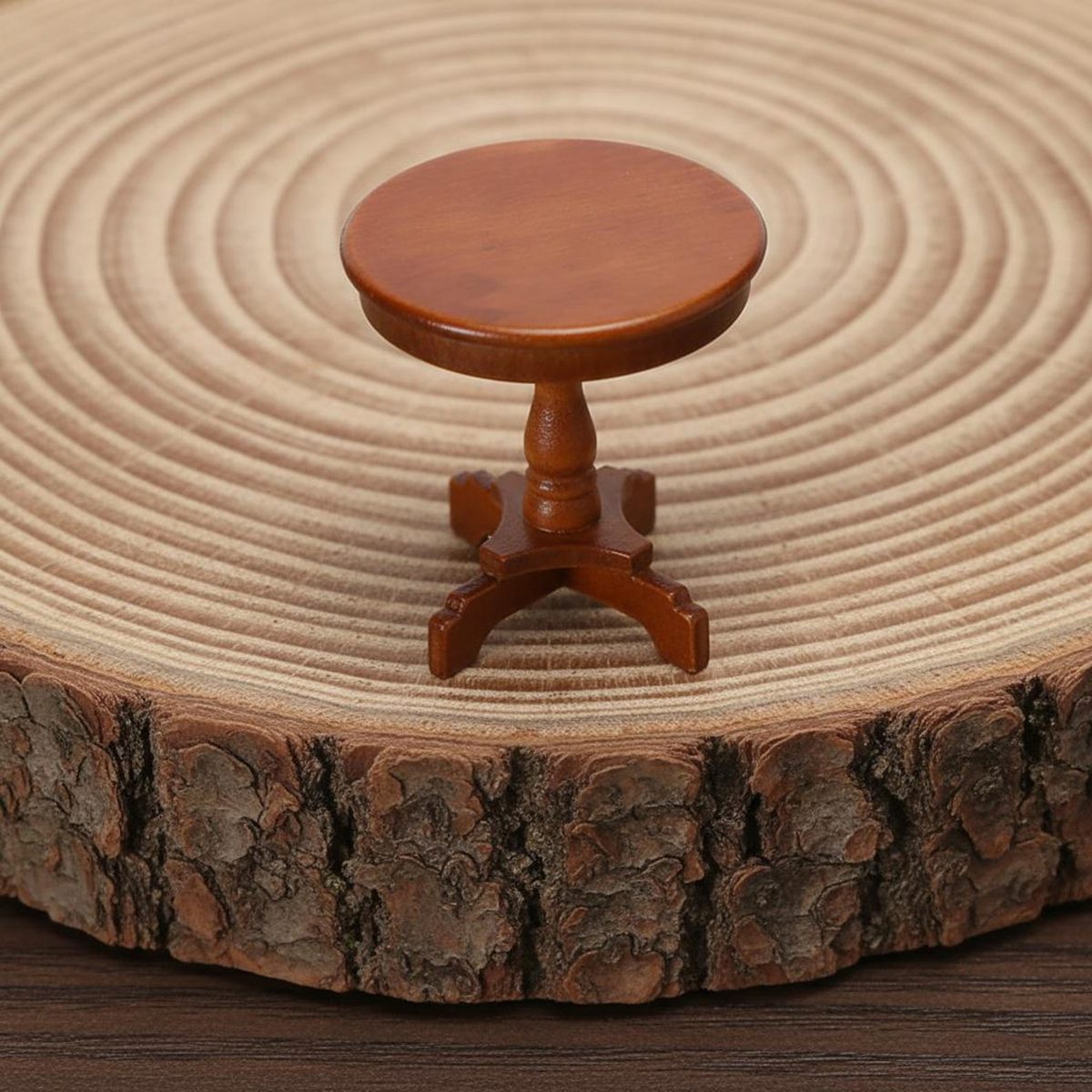 1:12 Round Side Table, Walnut Finish, hand-carved wooden figurine