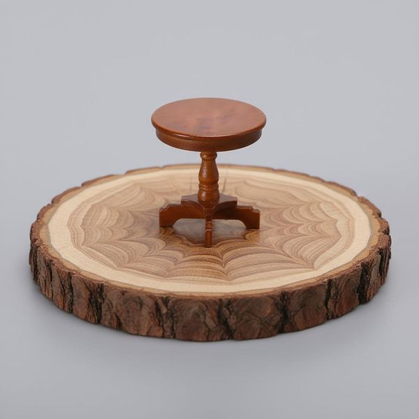 1:12 Round Side Table, Cherry Finish, hand-carved wooden figurine