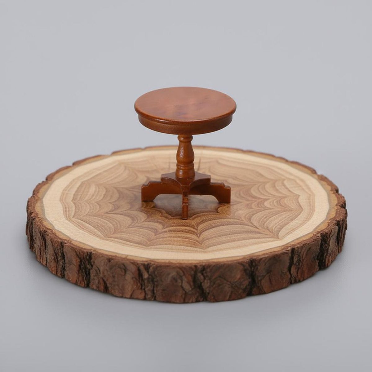 1:12 Round Side Table, Cherry Finish, hand-carved wooden figurine