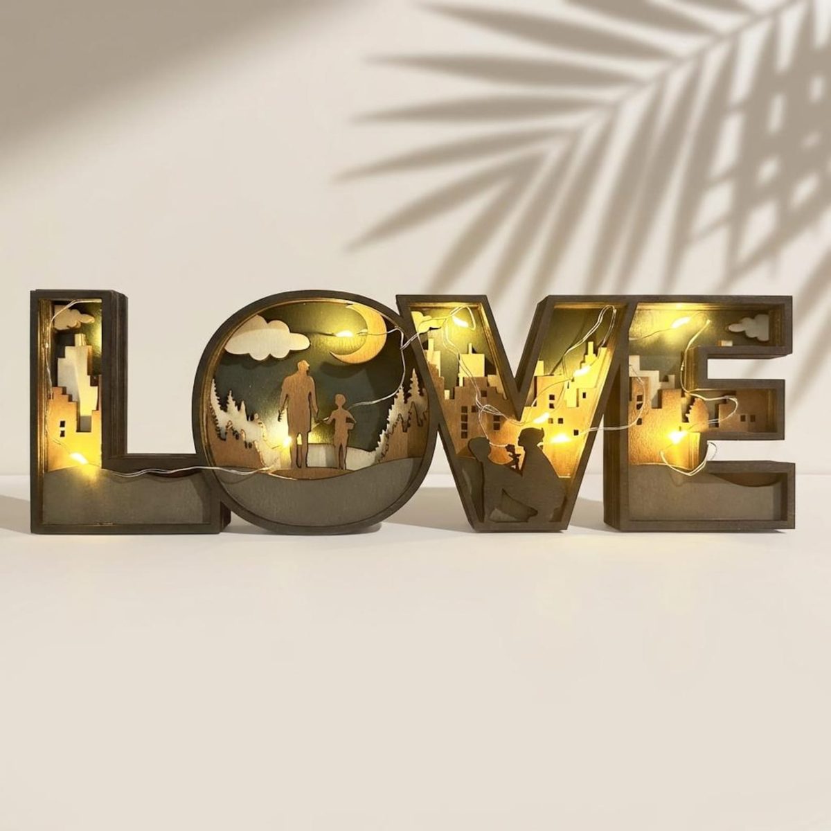 Wooden LOVE Shadow Box Light, hand-carved wooden figurine