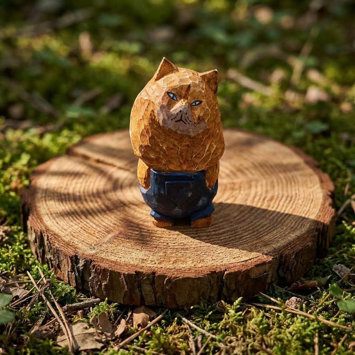 Cat in Overalls, hand-carved wooden figurine