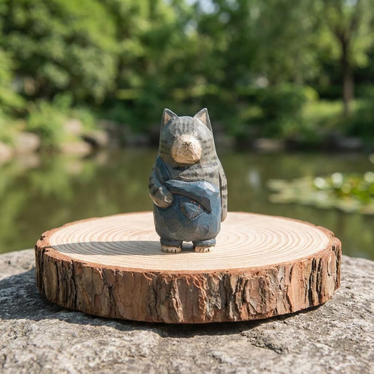 Striped Basswood Cat, hand-carved wooden figurine