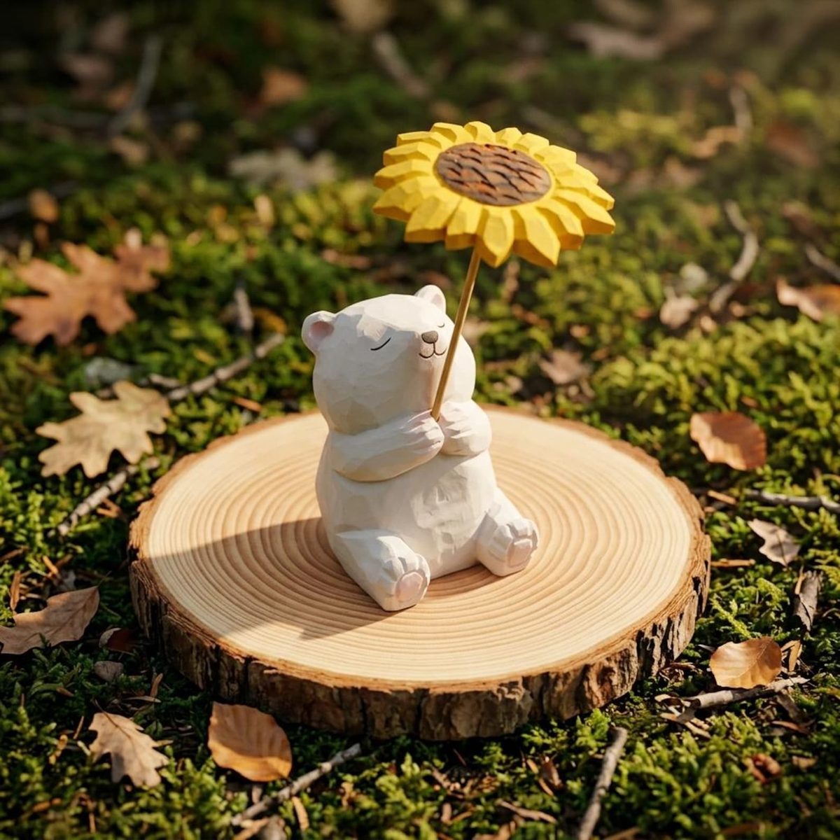 Bear Holding a Sunflower, hand-carved wooden figurine