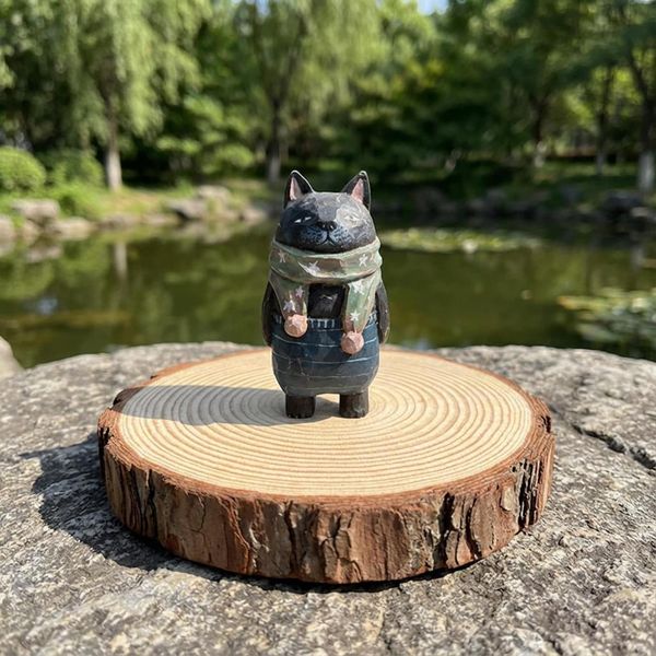 Grumpy Black Kitty, hand-carved wooden figurine