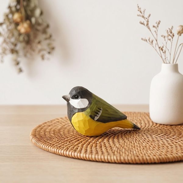 Great Tit, Black and Yellow, hand-carved wooden figurine