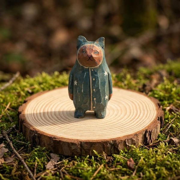 Blue Starry Coat Cat, hand-carved wooden figurine