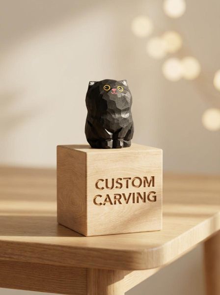 Black Bombay Cat (Personalised), hand-carved wooden figurine