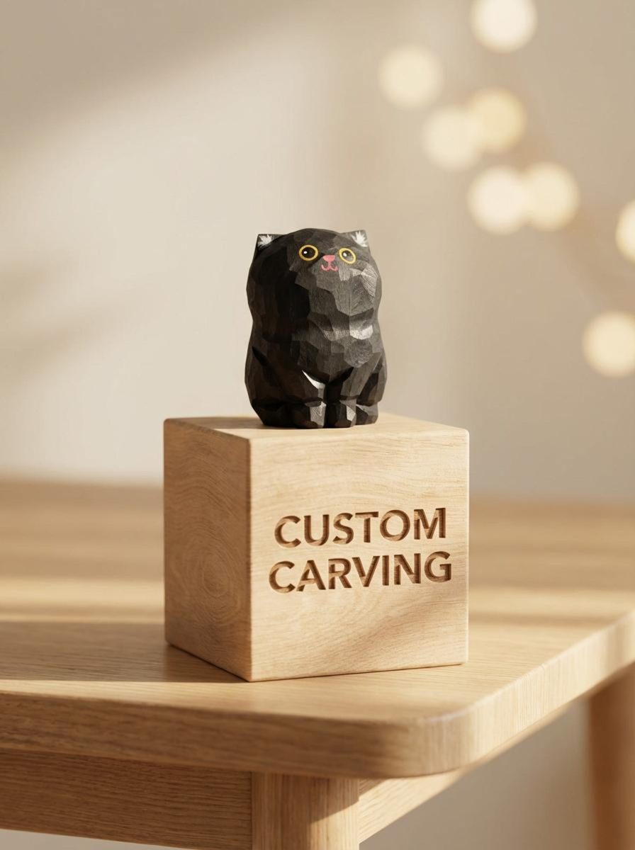 Black Bombay Cat (Personalised), hand-carved wooden figurine