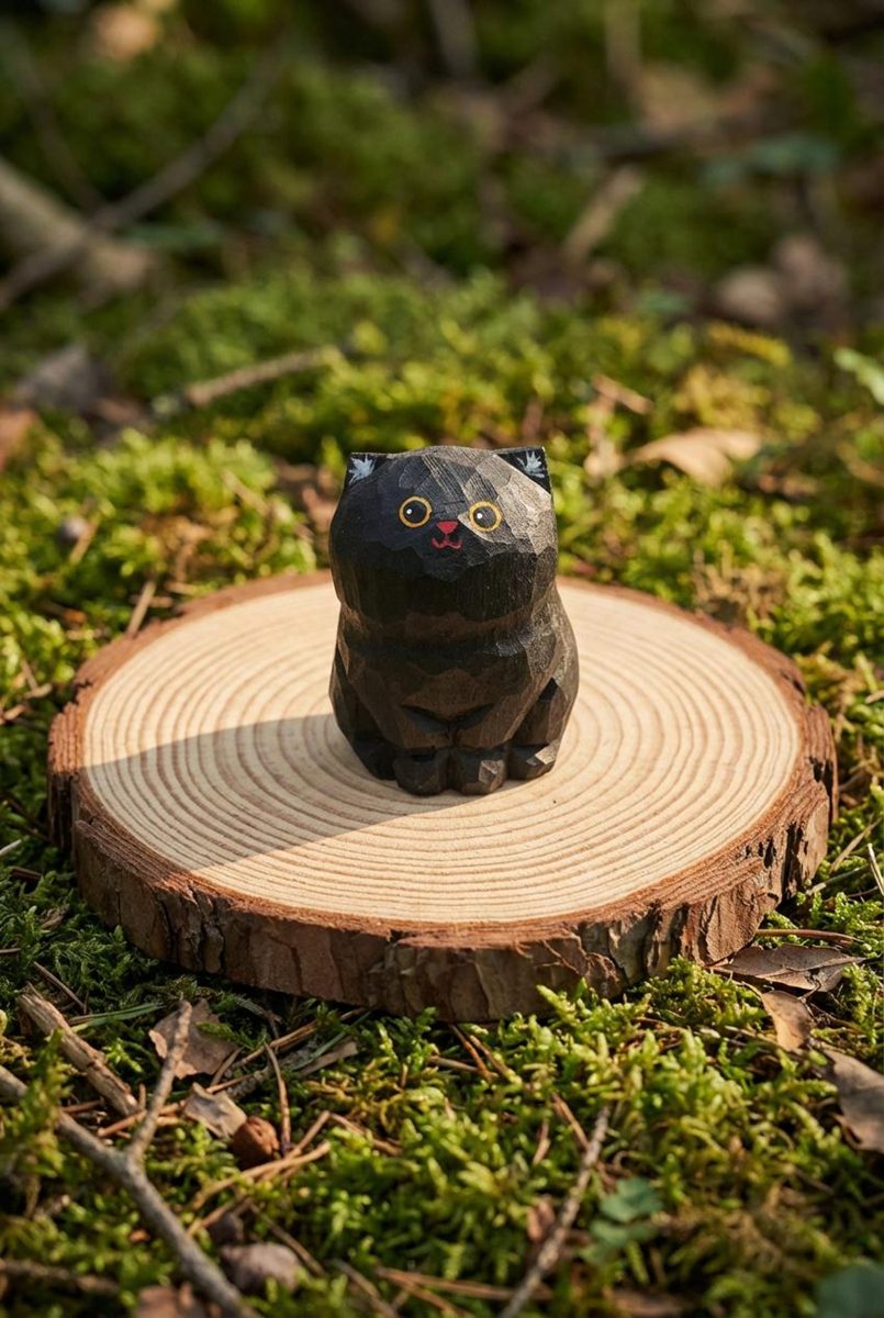 Black Bombay Cat (Personalised), hand-carved wooden figurine