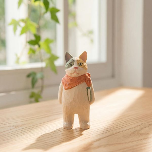 Bookworm Cat, hand-carved wooden figurine