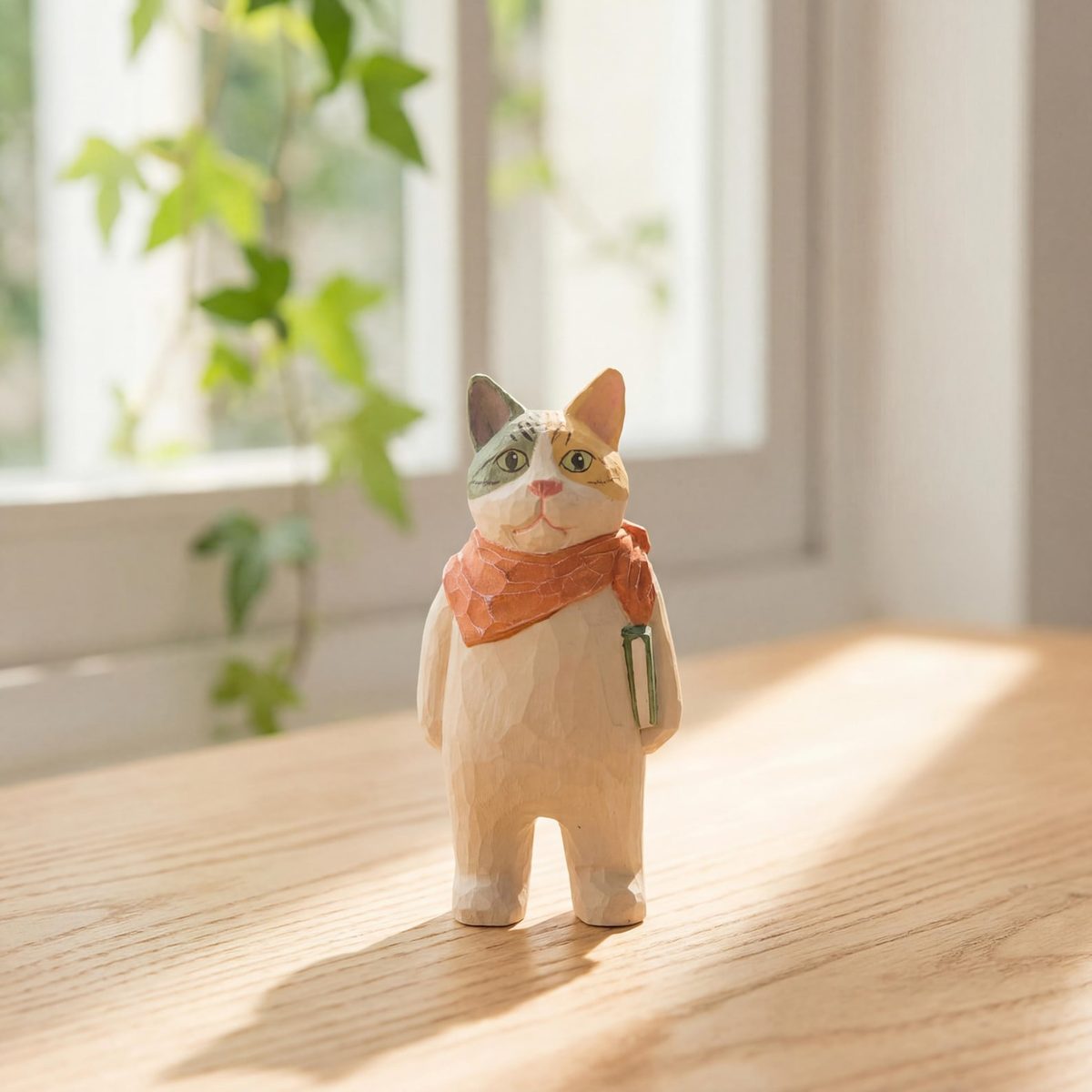 Bookworm Cat, hand-carved wooden figurine