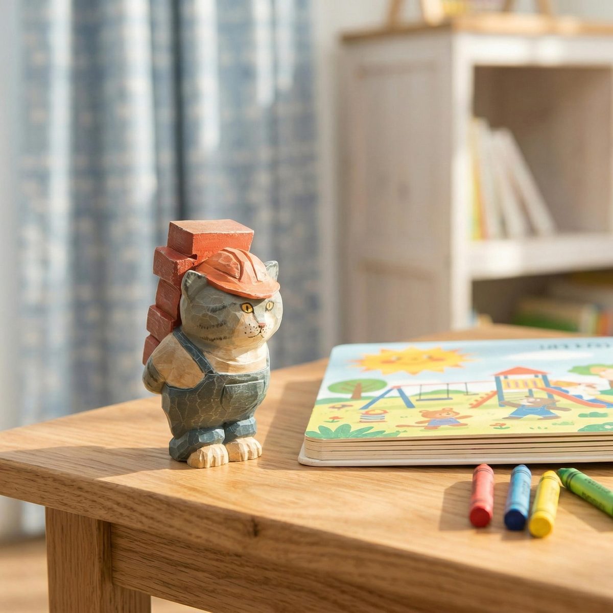 Tabby Cat in a Hard Hat, hand-carved wooden figurine