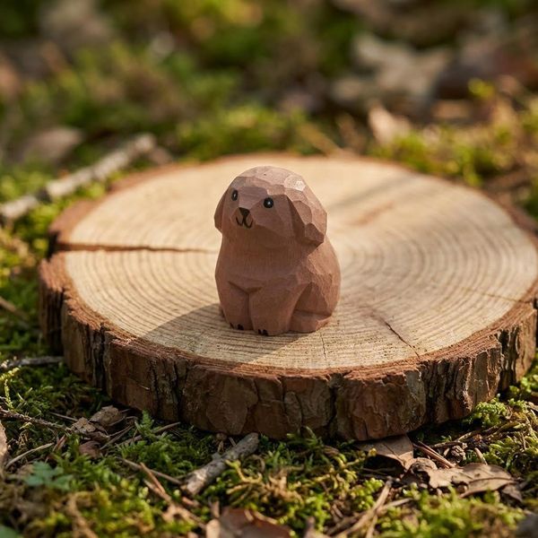 Tiny Brown Puppy, hand-carved wooden figurine