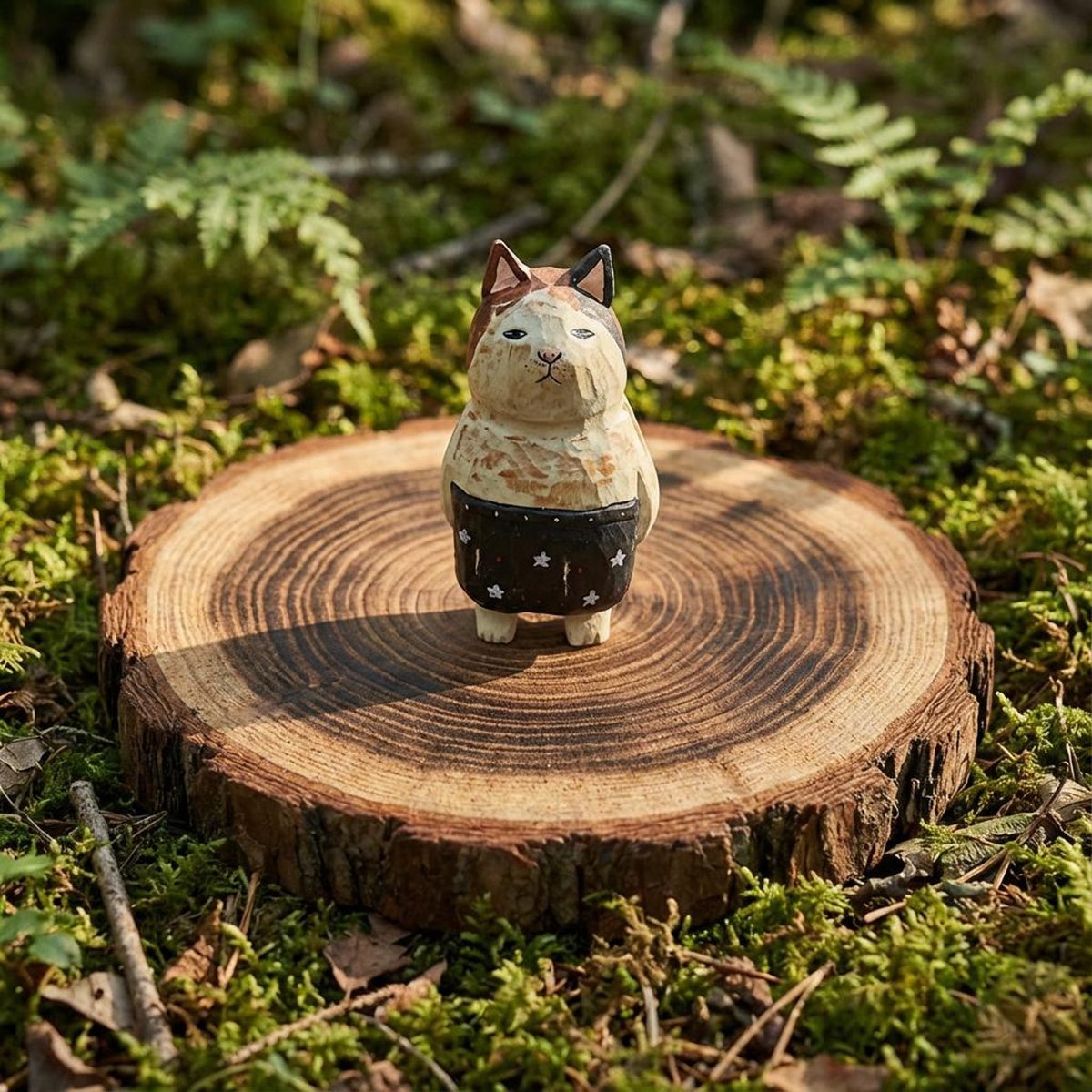 Sleepy Star Calico Cat, hand-carved wooden figurine
