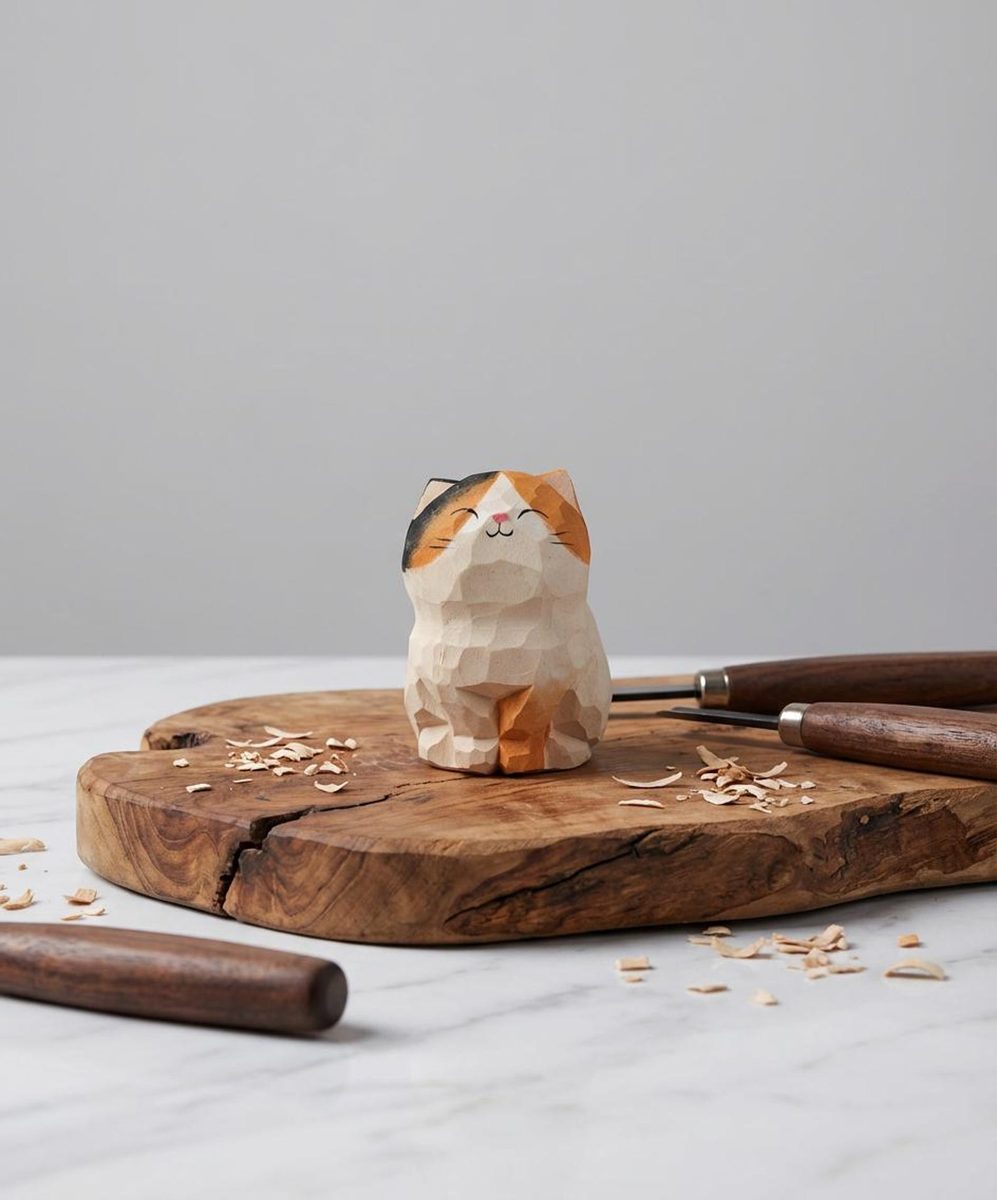 Personalised Calico Cat, hand-carved wooden figurine