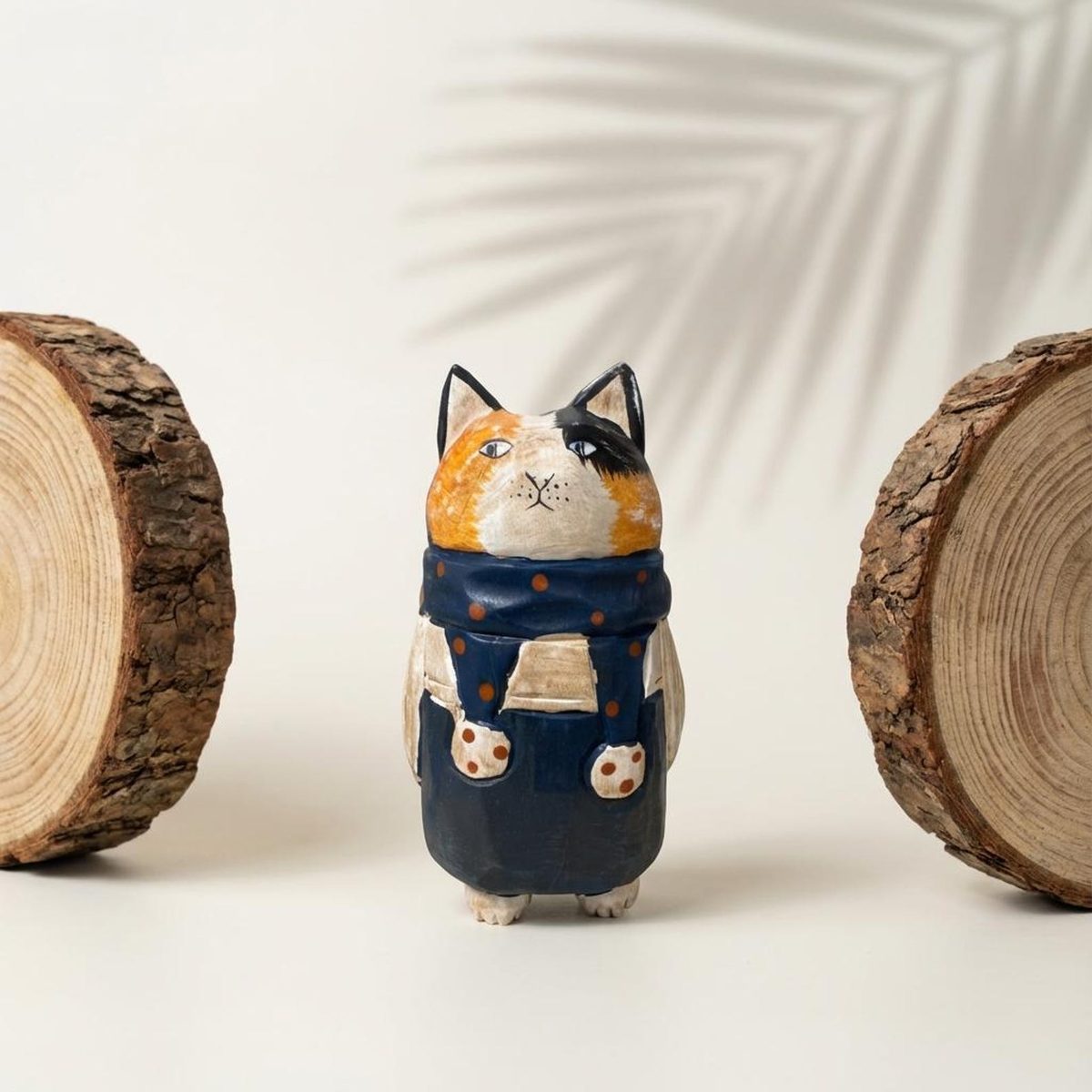Folk Art Calico Cat, hand-carved wooden figurine