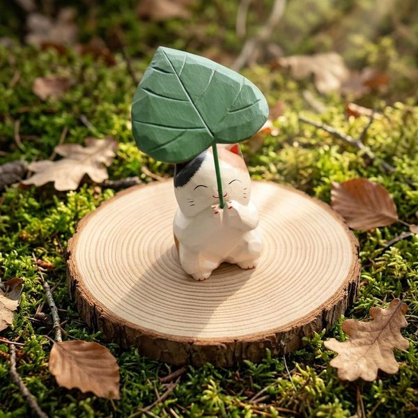 Calico Cat with Leaf Umbrella, hand-carved wooden figurine