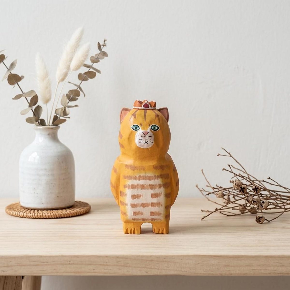 Cat with a Crown, hand-carved wooden figurine