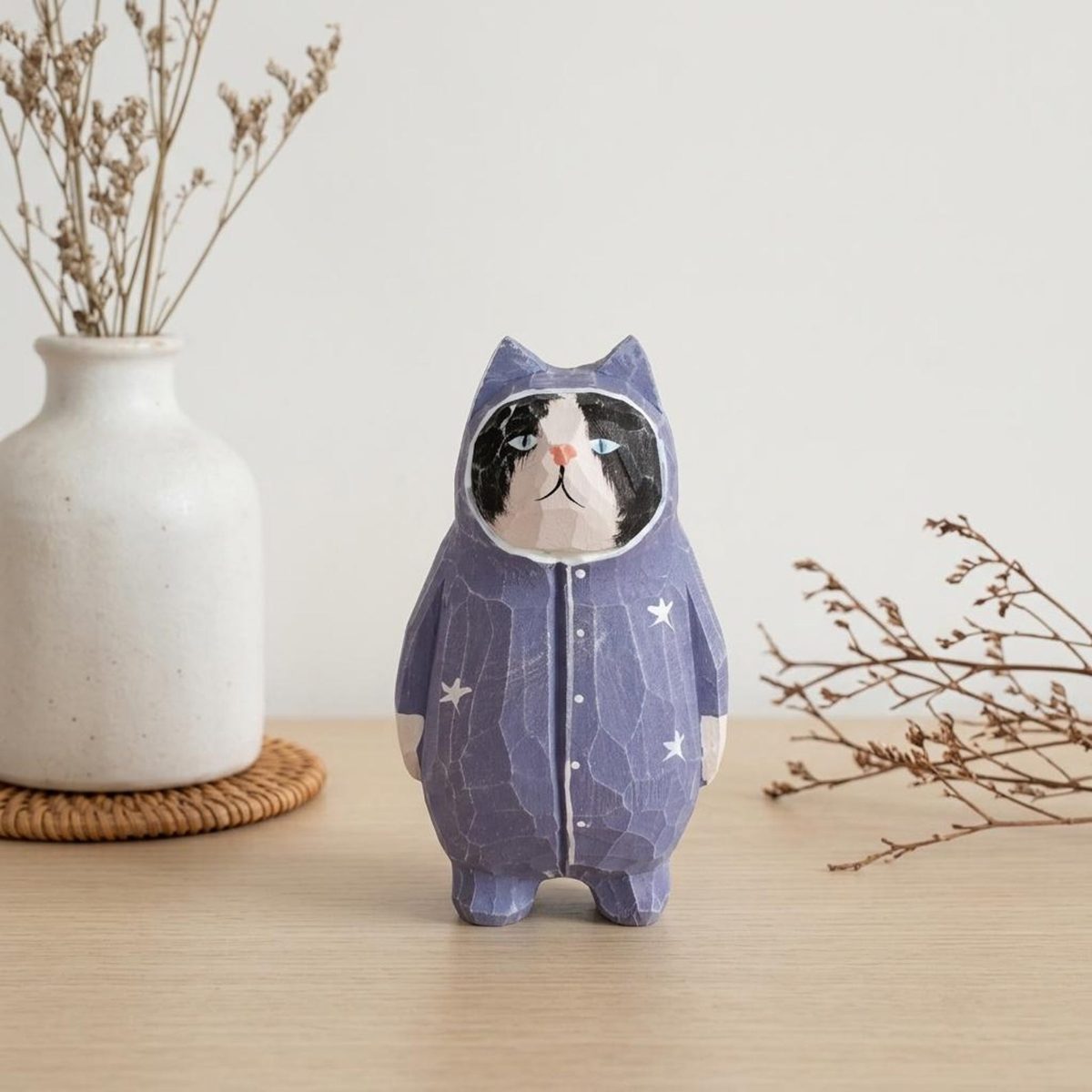 Cat in a Midnight-Blue Onesie, hand-carved wooden figurine
