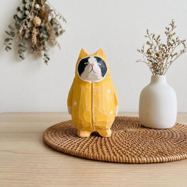 Alien Cat Figurine, hand-carved wooden figurine