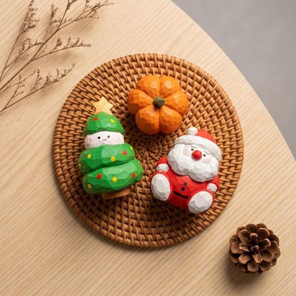 Santa and Christmas Tree Set, hand-carved wooden figurine