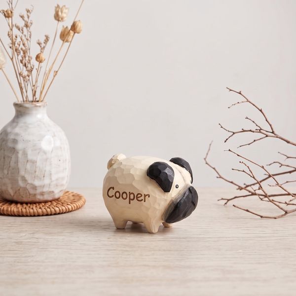 Chubby Pug Figurine, hand-carved wooden figurine