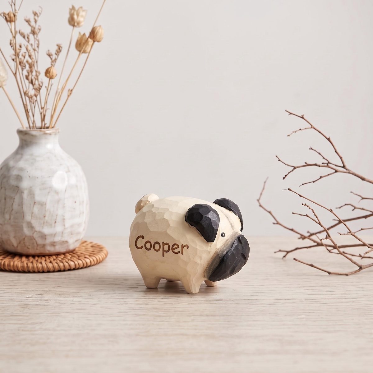 Chubby Pug Figurine, hand-carved wooden figurine