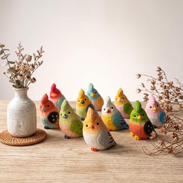 Cockatiel and Lovebird Figurine, hand-carved wooden figurine