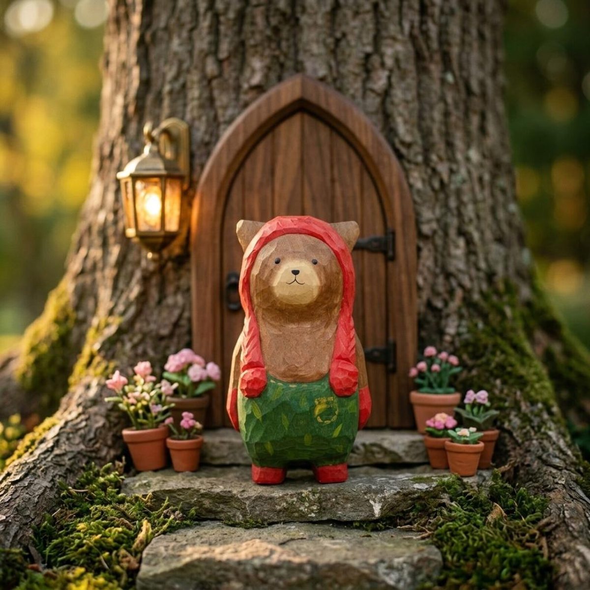 Cozy Bear in Red Hat, hand-carved wooden figurine