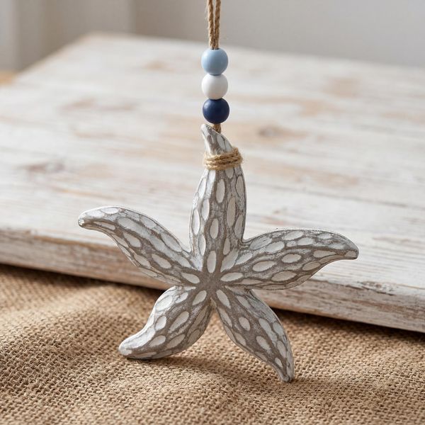 Distressed White Starfish Wall Hanging, hand-carved wooden figurine