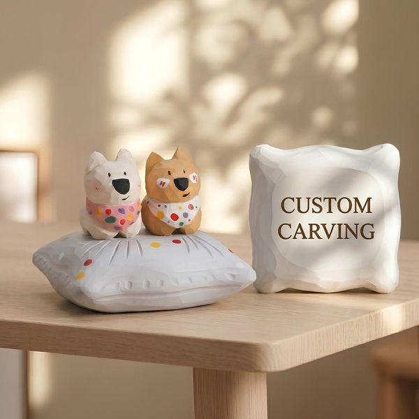 Dog Couple Gift Set (Personalised), hand-carved wooden figurine