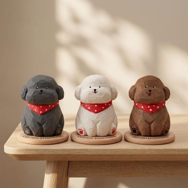 Dog with Bandana (Personalised), hand-carved wooden figurine