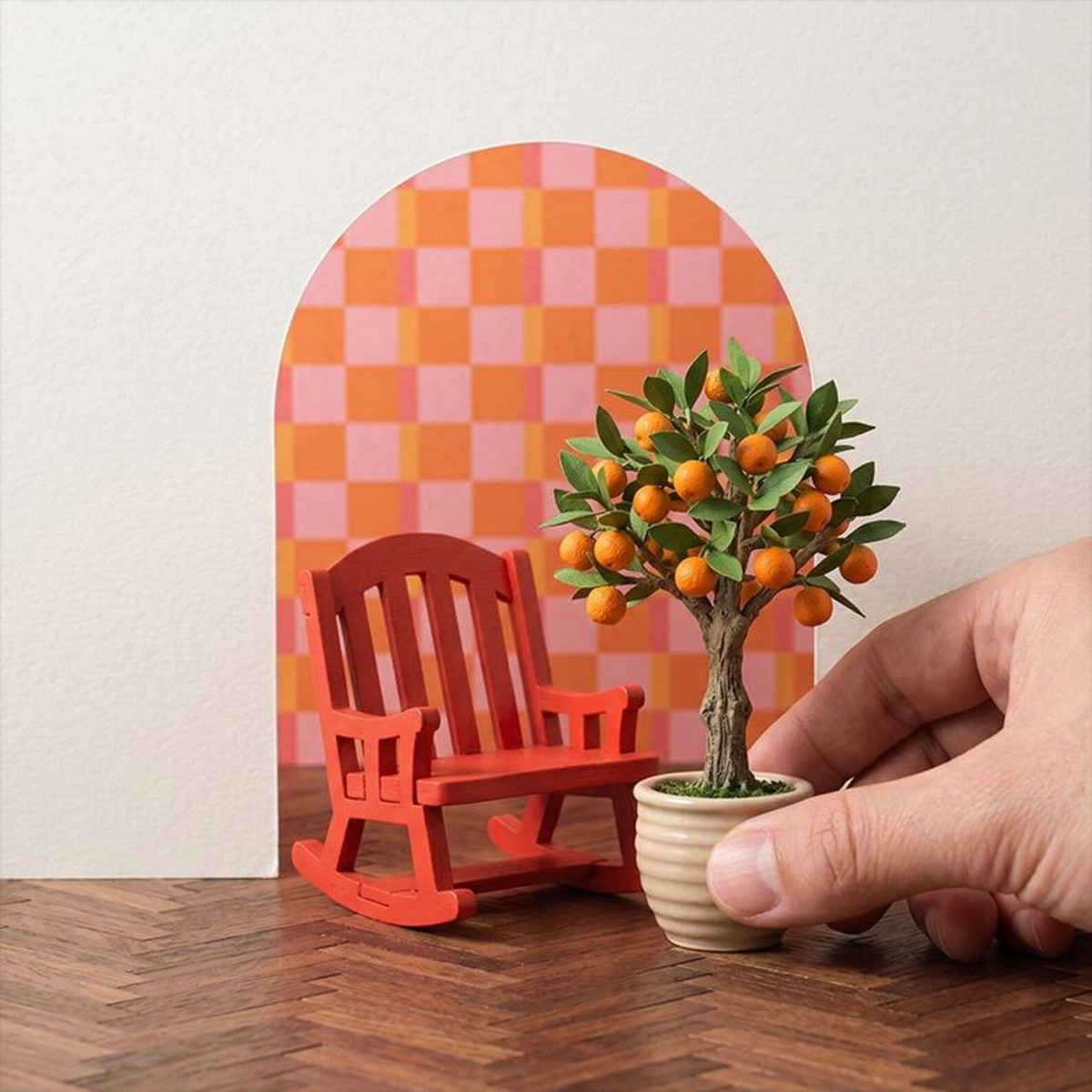 Miniature Red Rocking Chair, hand-carved wooden figurine