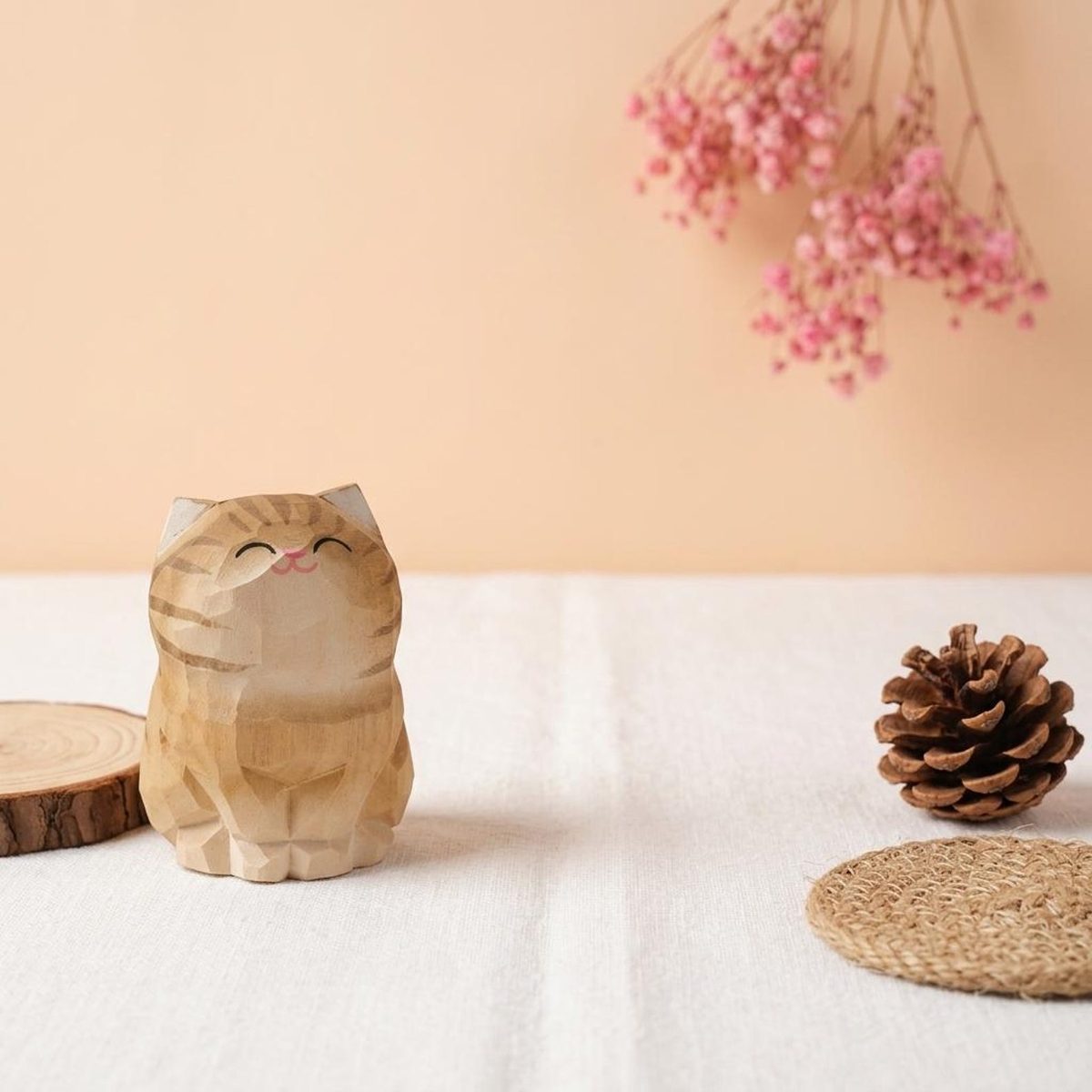 Engraved Brown Tabby Cat, hand-carved wooden figurine
