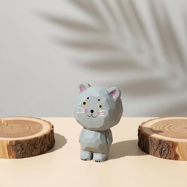 Faceted Desk Cat, hand-carved wooden figurine