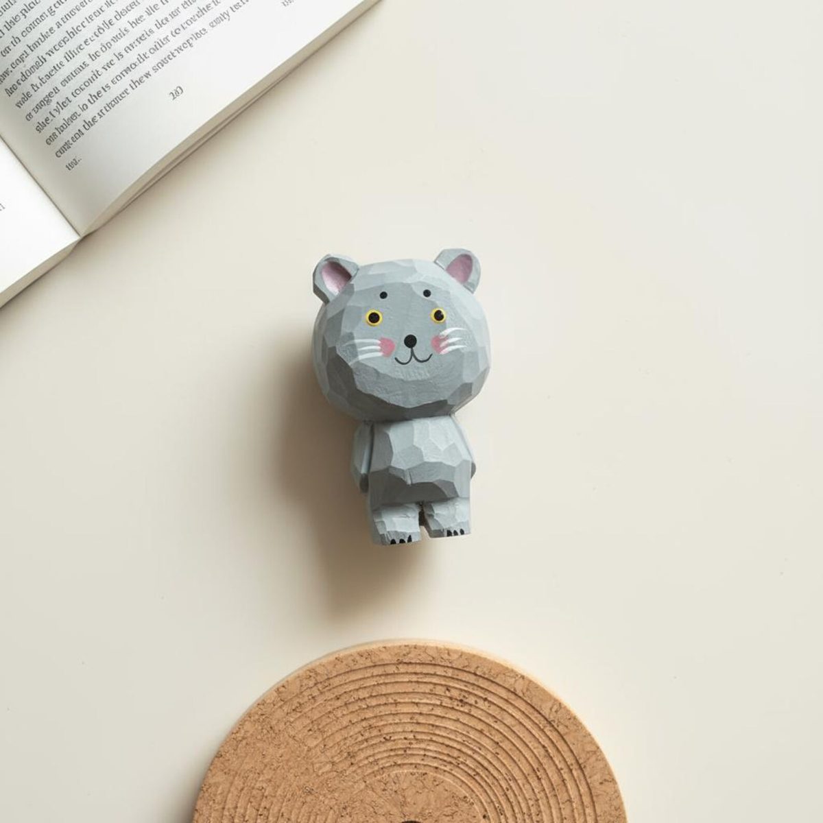 Faceted Desk Cat, hand-carved wooden figurine