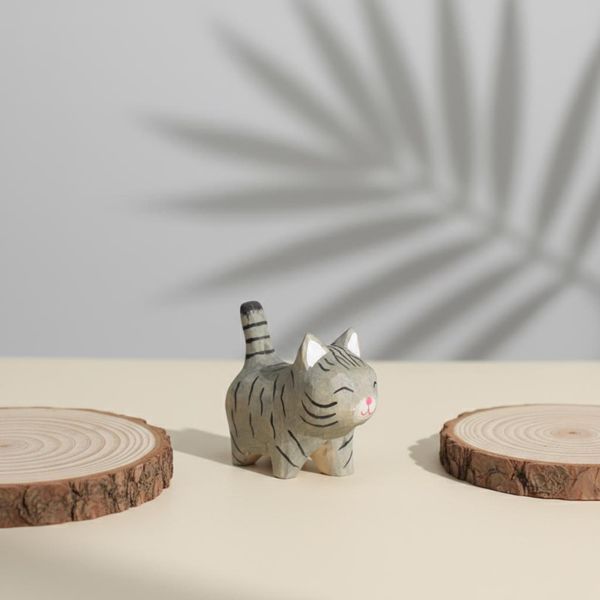 Faceted Grey Tabby Cat, hand-carved wooden figurine