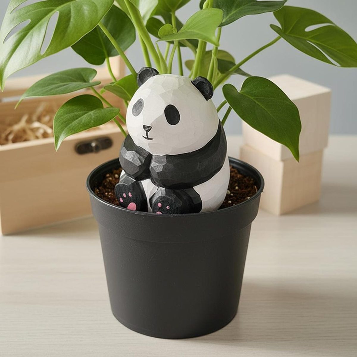 Faceted Panda, hand-carved wooden figurine