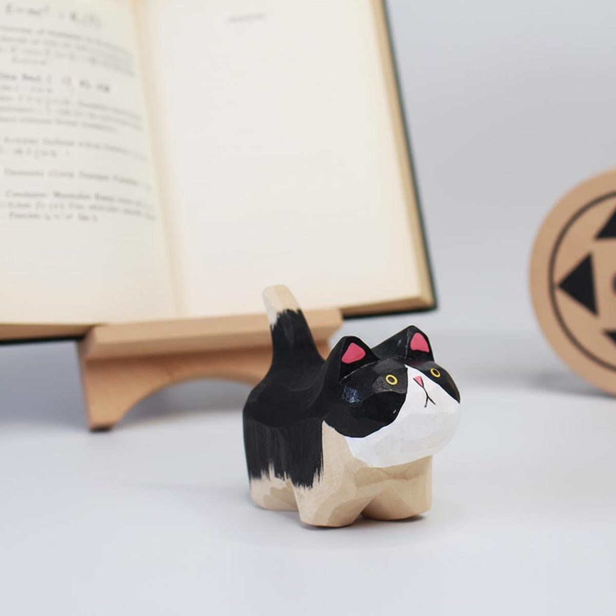 Faceted Tuxedo Cat, hand-carved wooden figurine