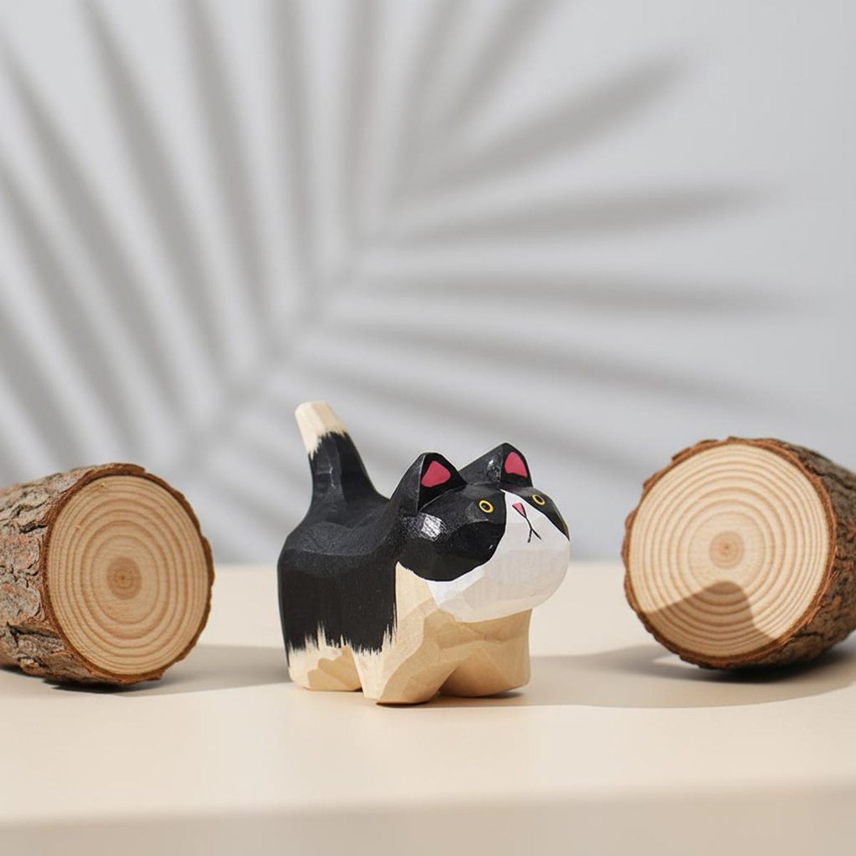 Faceted Tuxedo Cat, hand-carved wooden figurine