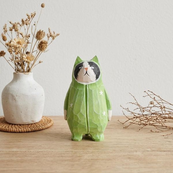 Quirky Green Cat, hand-carved wooden figurine