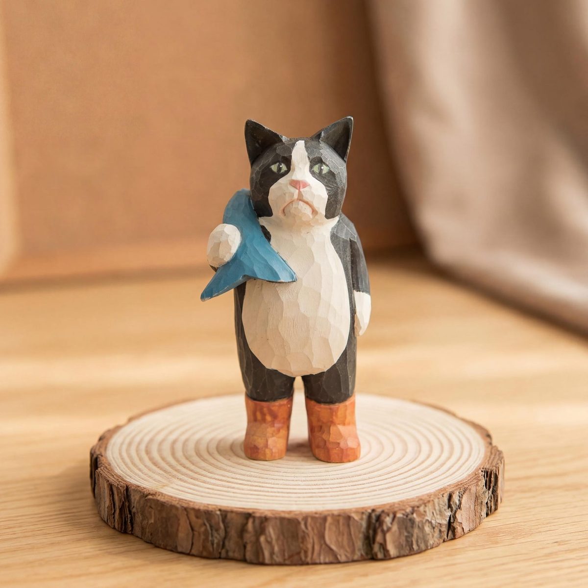 Fisherman Cat with Fish, hand-carved wooden figurine