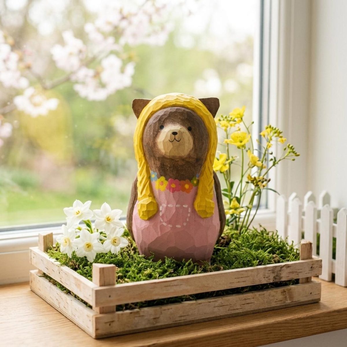 Floral Bear in Yellow Hat, hand-carved wooden figurine