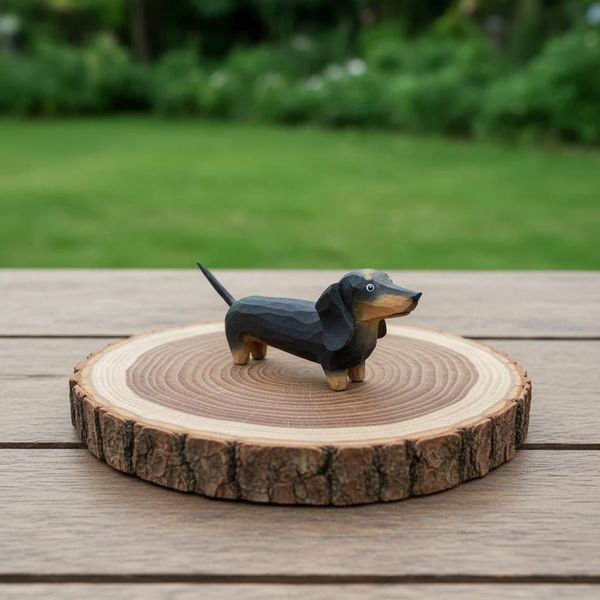 Black and Tan Folk Art Dachshund, hand-carved wooden figurine